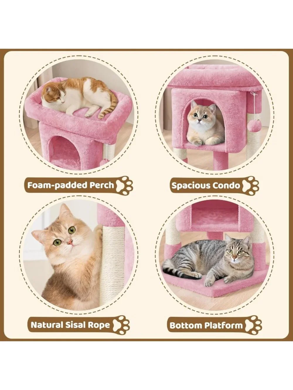 New 23.5in Cat Tree Tower, Pink Condo with Sisal Scratching Posts for Cats